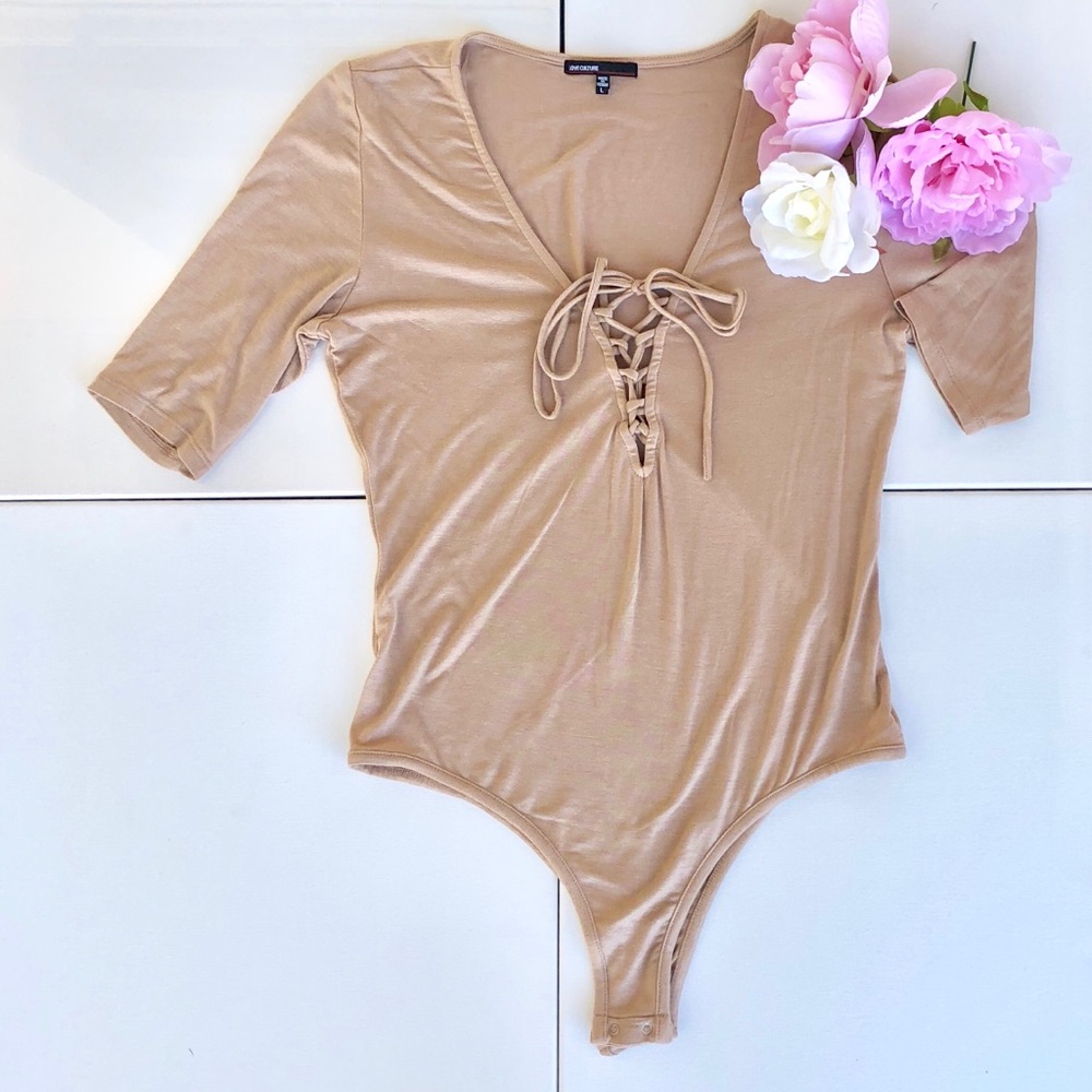 Love Culture Beige lace up Bodysuit elbow sleeve